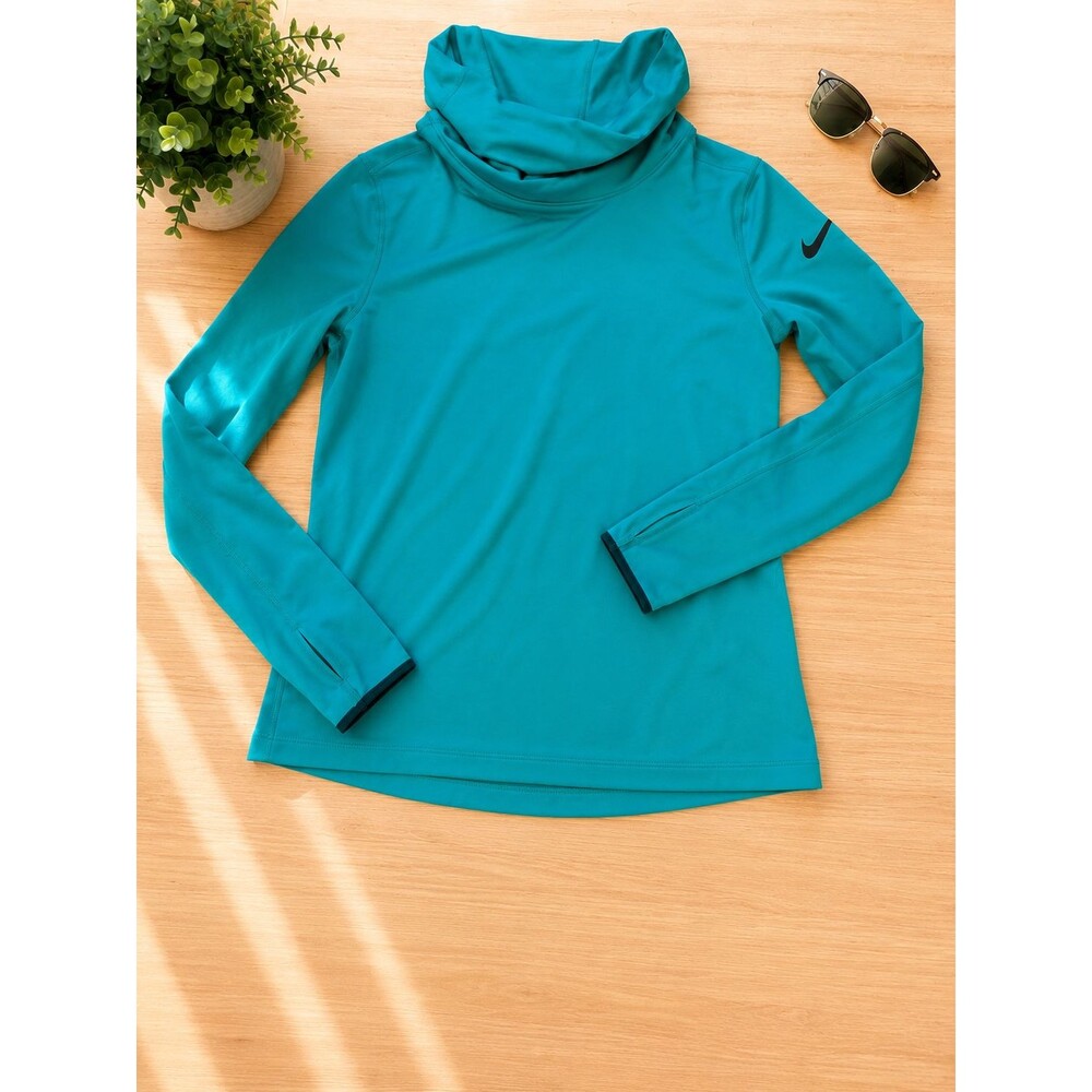 Nike Pro Dri-FIT Womens L Teal Cowl Neck Long Sleeve Thumbhole Running Top